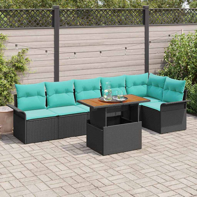 Tuinbankenset Met Kussen 7 Pcs En Blauw Poly Rattan