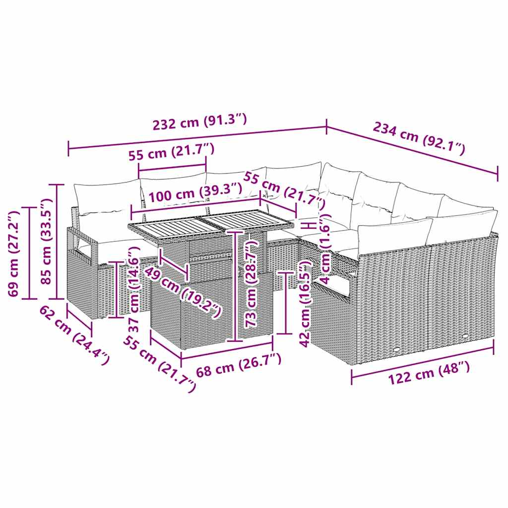 Tuin Eetset Met Kussen 9 Pcs