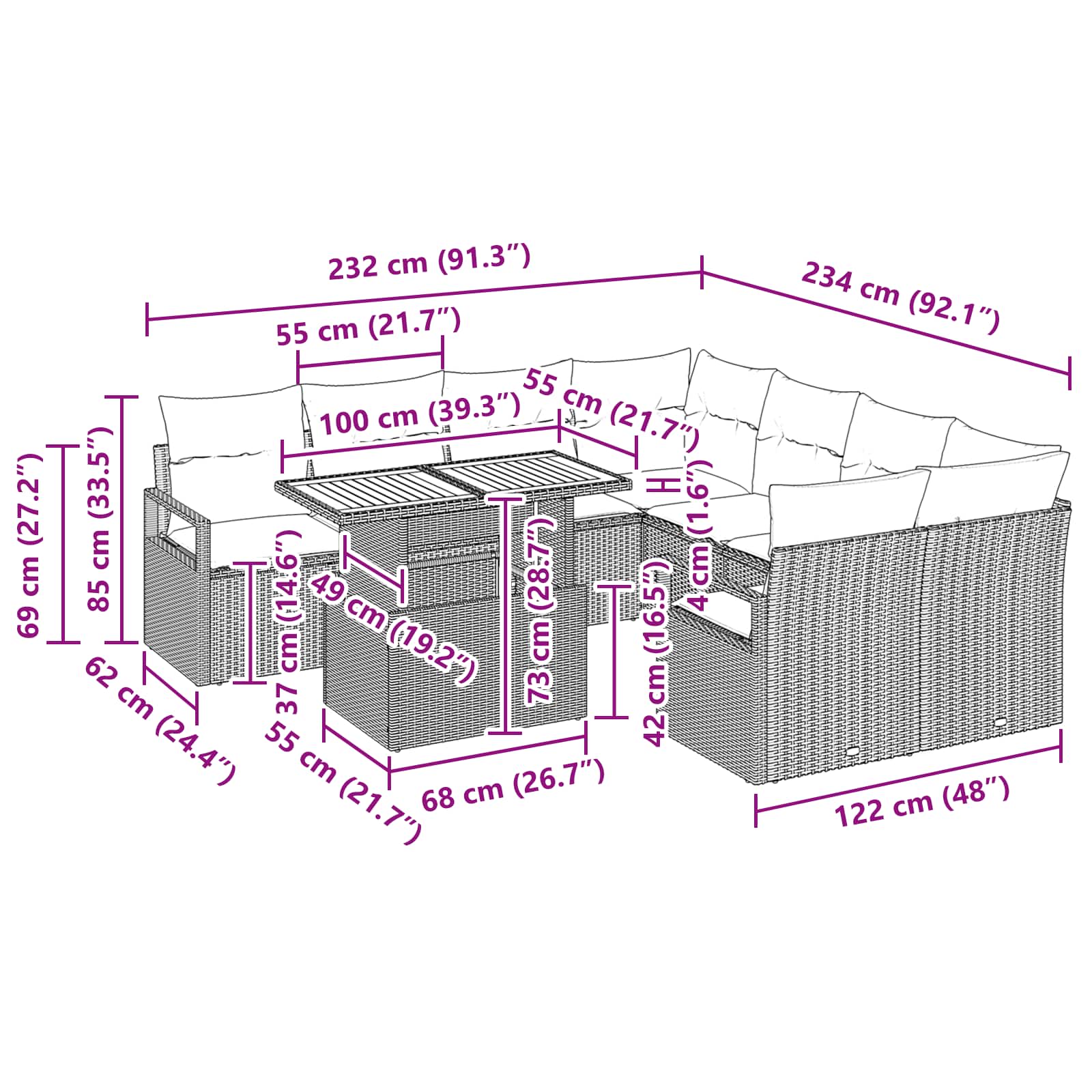 Tuin Eetset Met Kussen 9 Pcs En Marineblauw