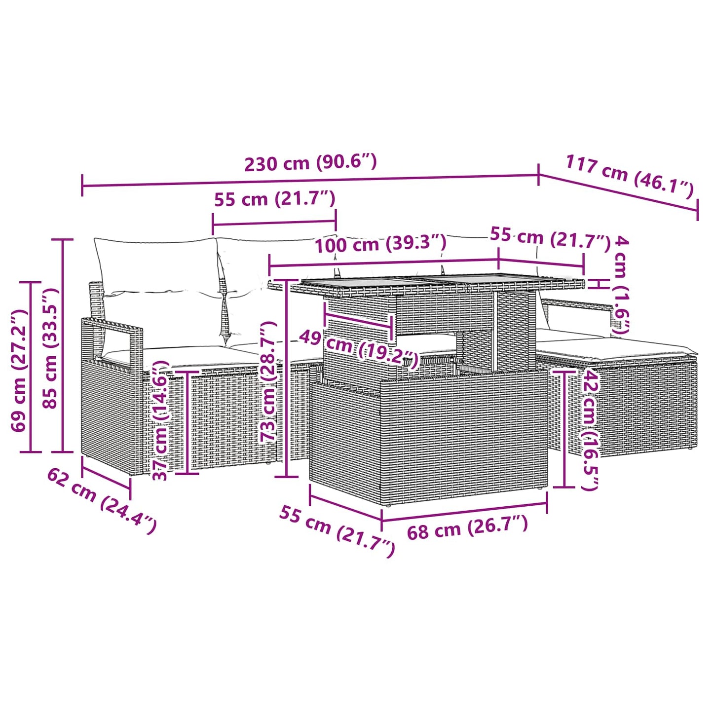 Tuin Eetset Met Kussen 6 Pcs En Marineblauw