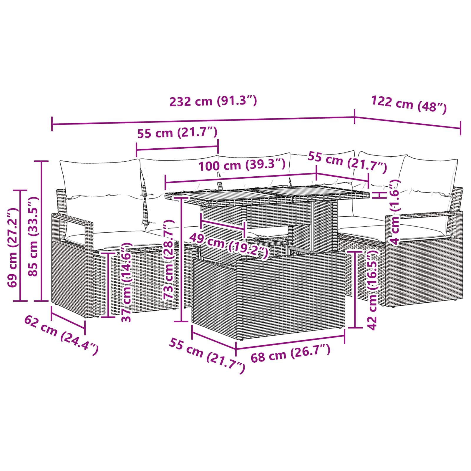 Tuin Eetset Met Kussen 6 Pcs En Marineblauw