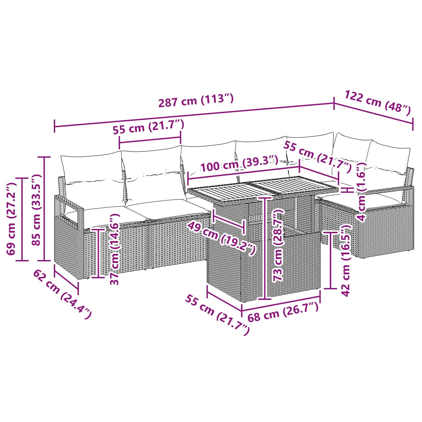 Tuin Eetset Met Kussen 7 Pcs En Marineblauw