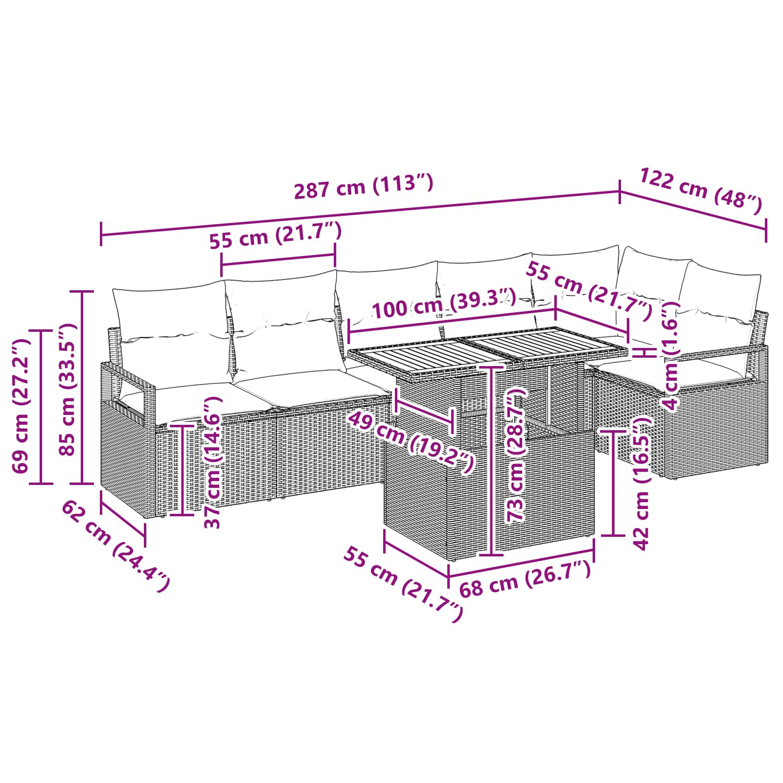 Tuin Eetset Met Kussen 7 Pcs En Marineblauw