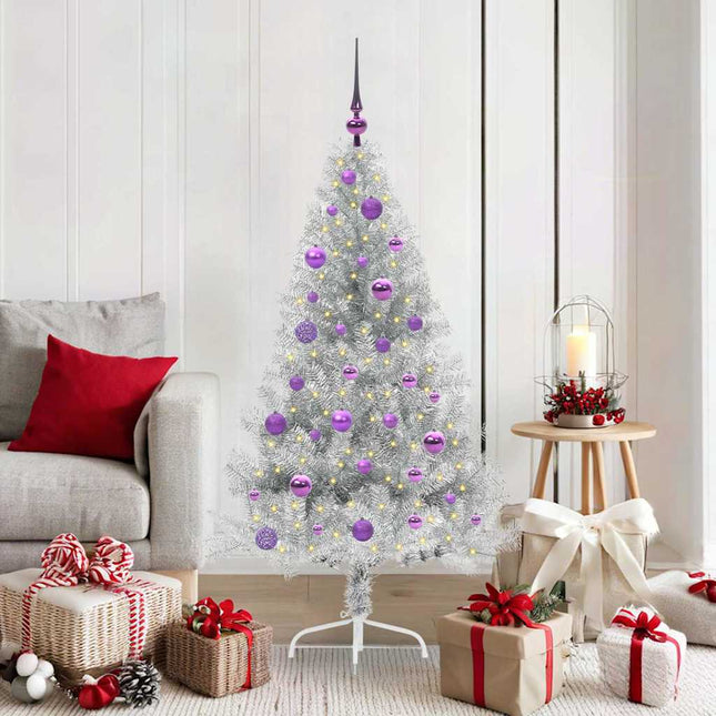Kunstmatig Voorverlicht Kerstboom Met 150 Led Zilver 150 Cm Pet Zilver
