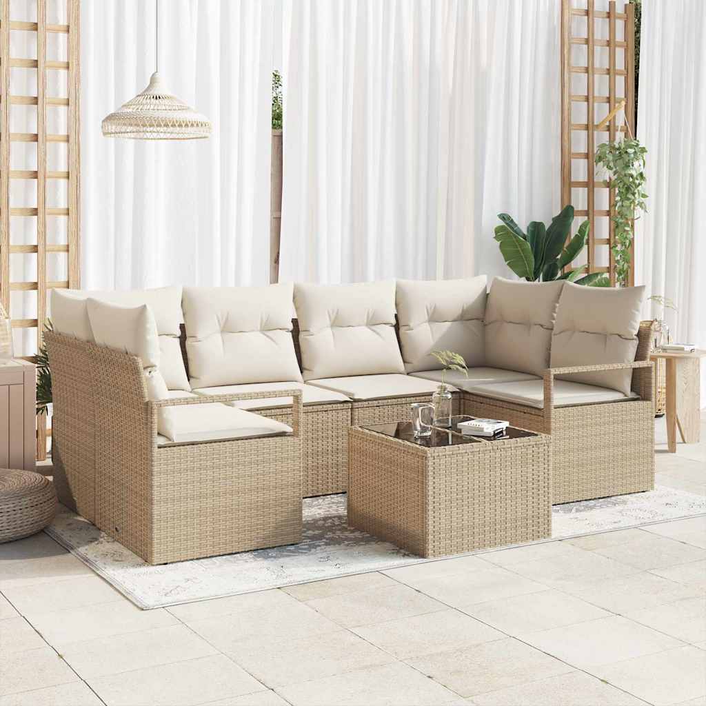 Tuin Sofa Set 7 Pcs En Crème Poly Rattan, Staal En Glas