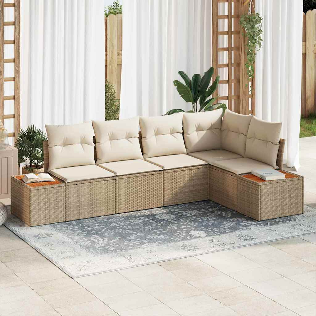Tuin Sofa Set Met Kussen 5 Pcs En Crème Poly Riet