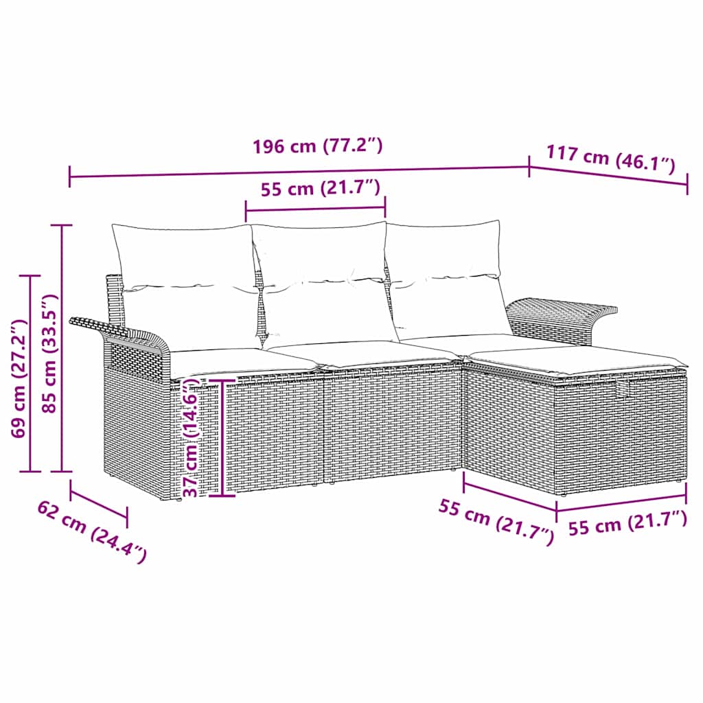 Tuin Sofa Set Met Kussen 4 Pcs En Crème Poly Riet