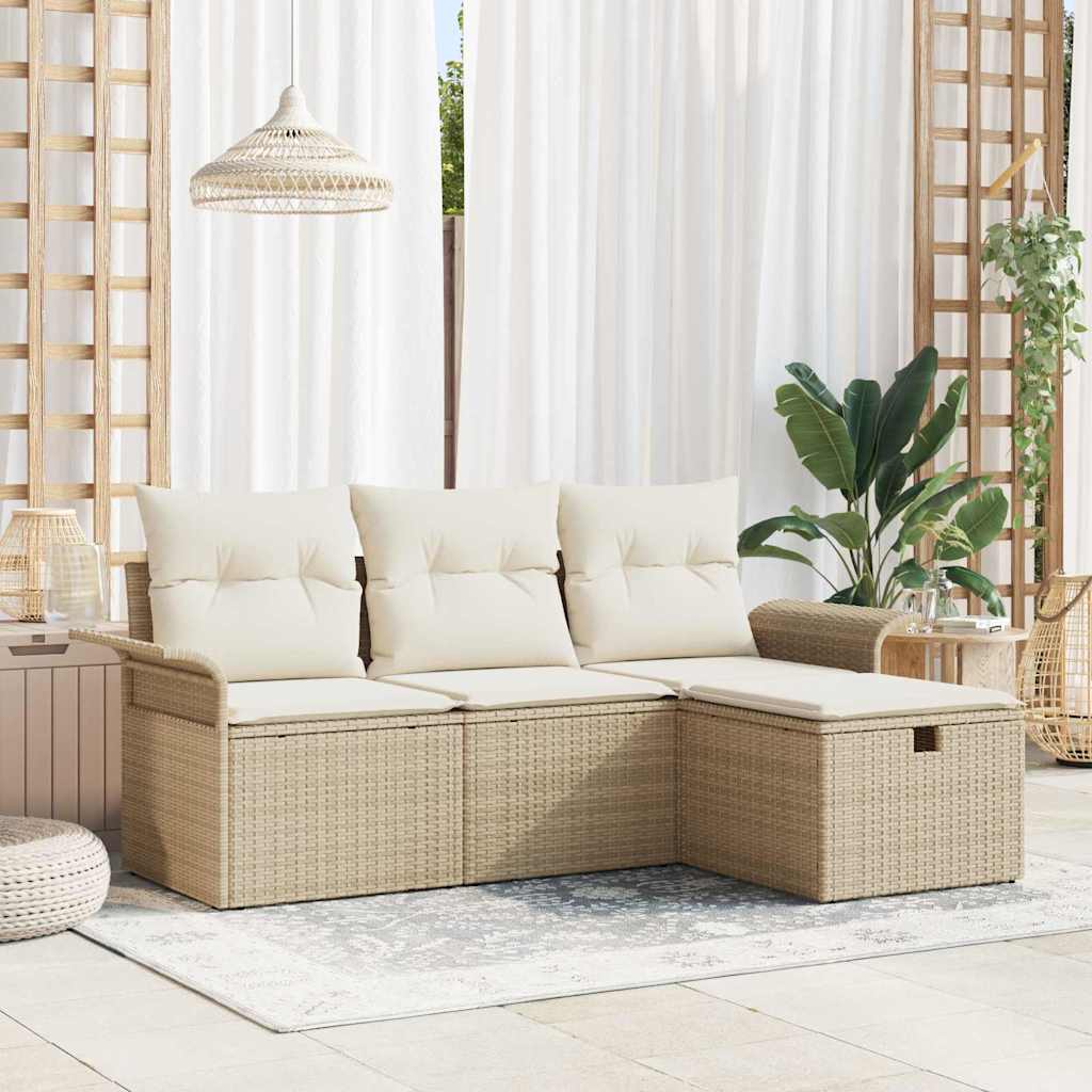 Tuin Sofa Set Met Kussen 4 Pcs En Crème Poly Riet