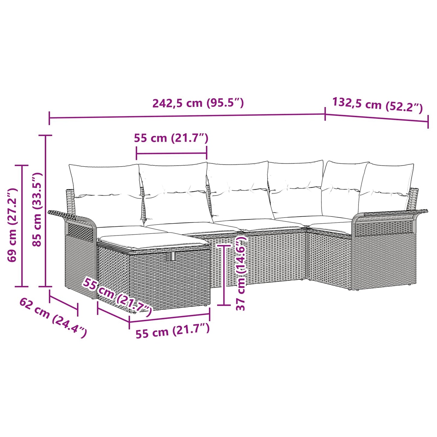 Tuin Sofa Set Met Kussen 6 Pcs Poly Rattan