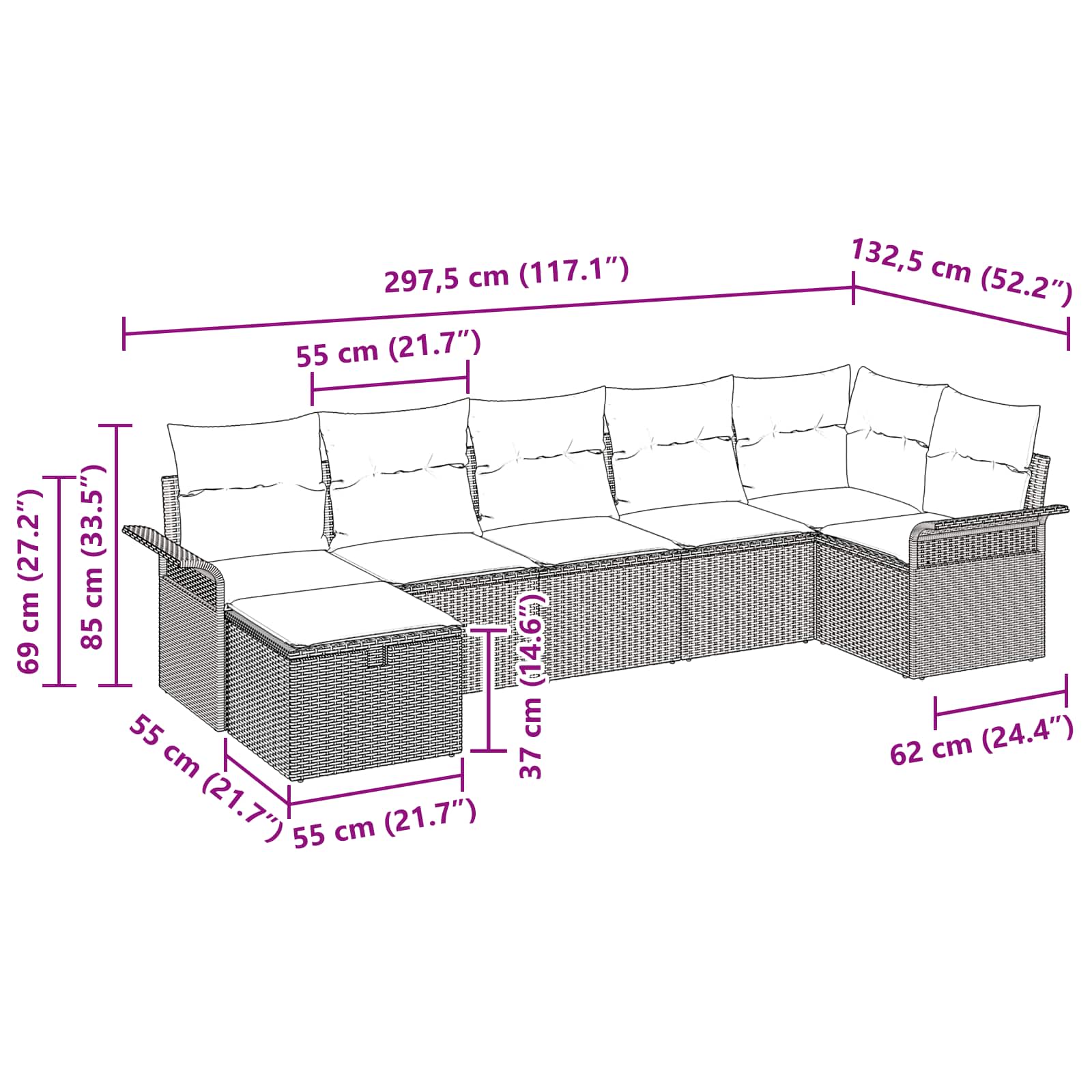 Tuin Sofa Set Met Kussen 7 Pcs Poly Rattan