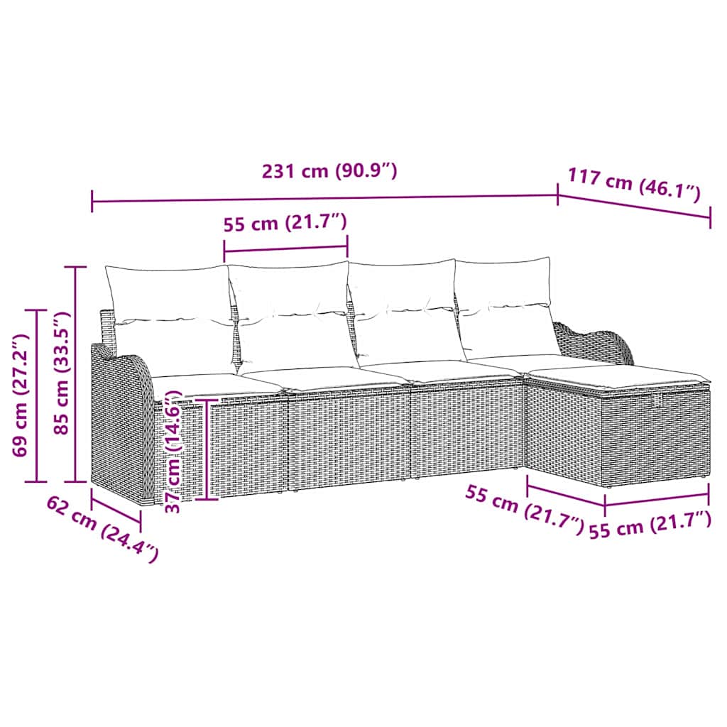 Tuin Sofa Set Met Kussen 5 Pcs En Crème Poly Riet