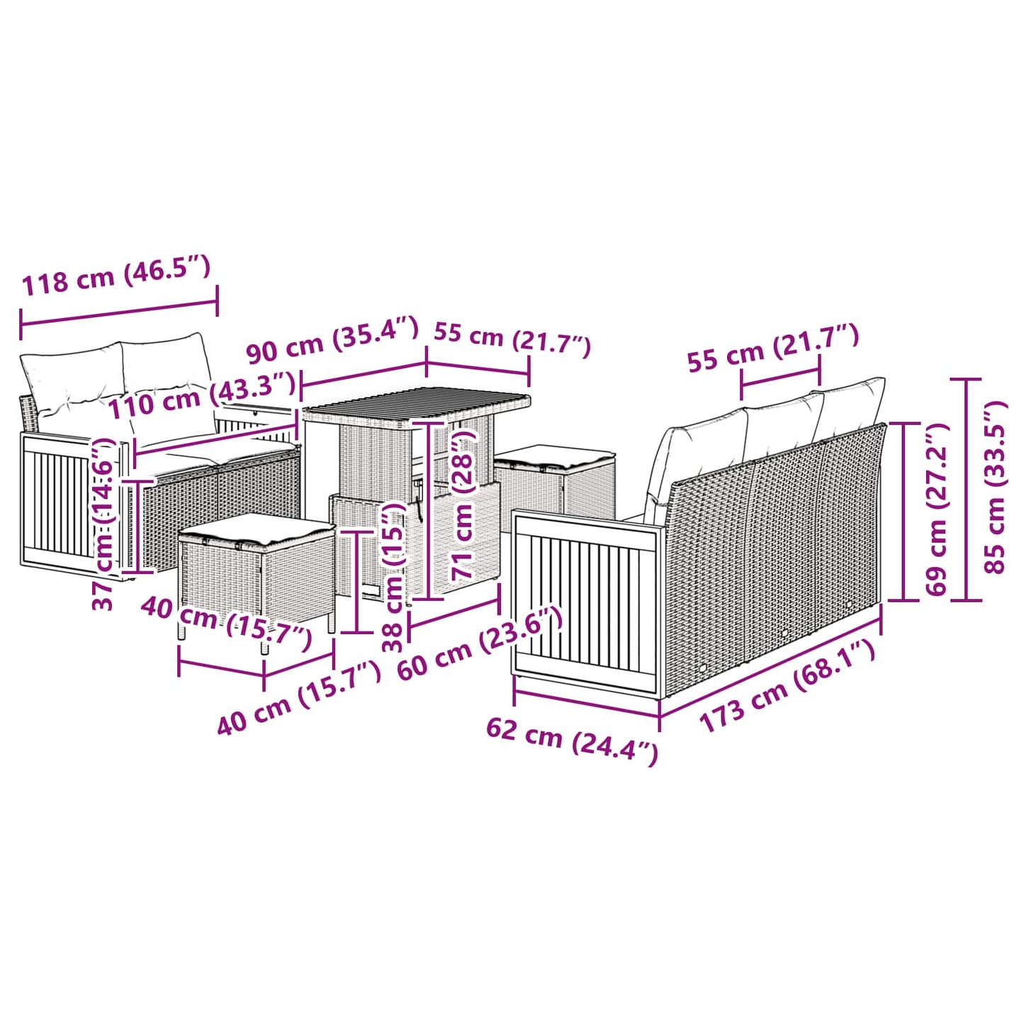 Tuinbankenset 8 Pcs Poly Riet En Poedercoated Staal