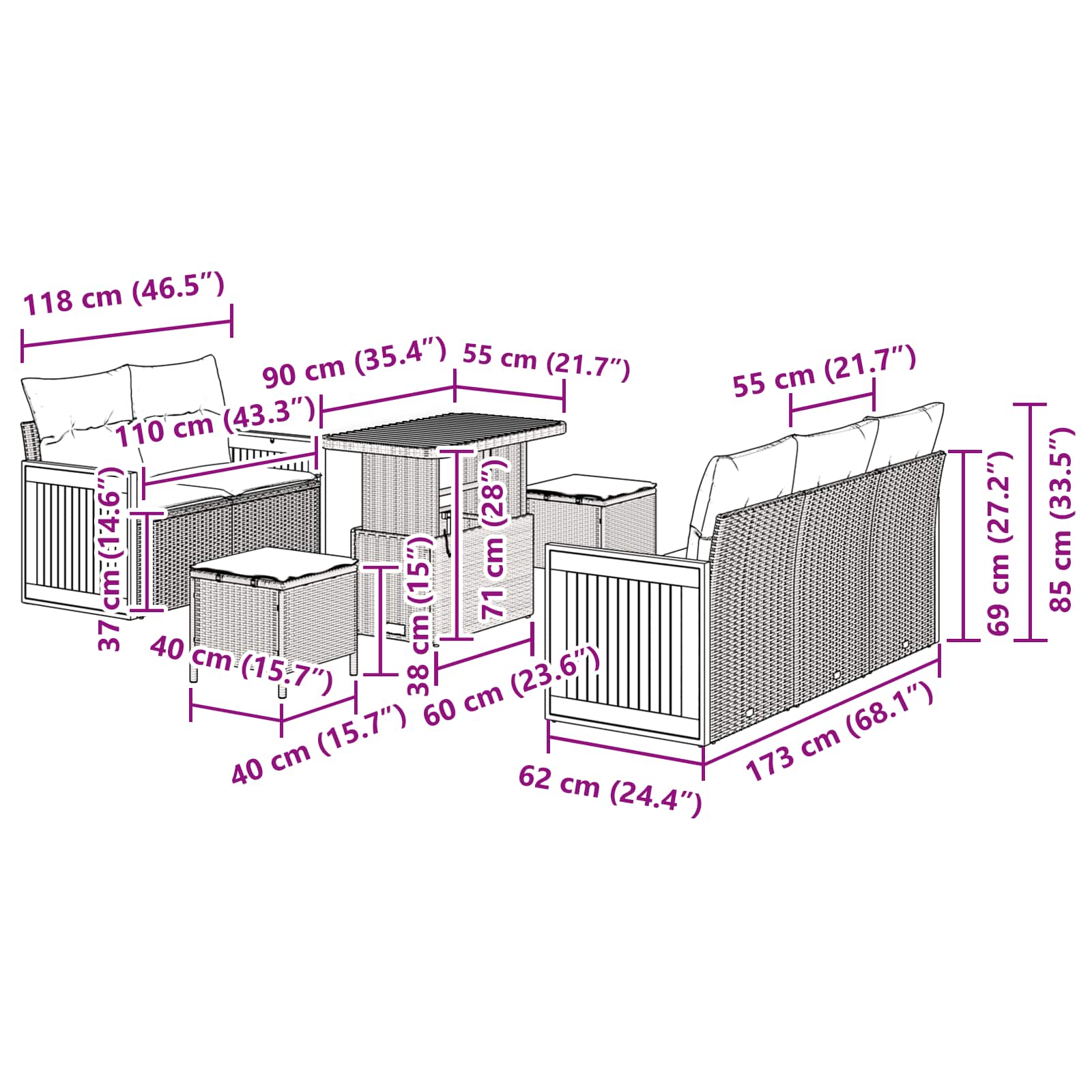 Tuinbankenset 8 Pcs Poly Riet En Poedercoated Staal