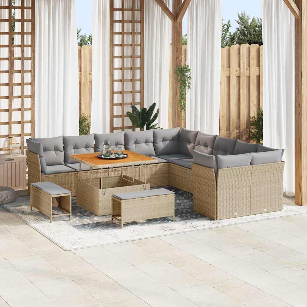 Tuin Sofa Set Met Kussen 13 Pcs En Crème Poly Rattan