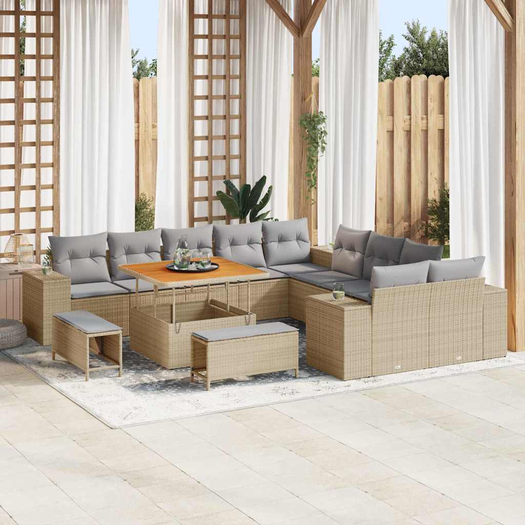 Tuin Sofa Set Met Kussen 13 Pcs En Crème Poly Rattan