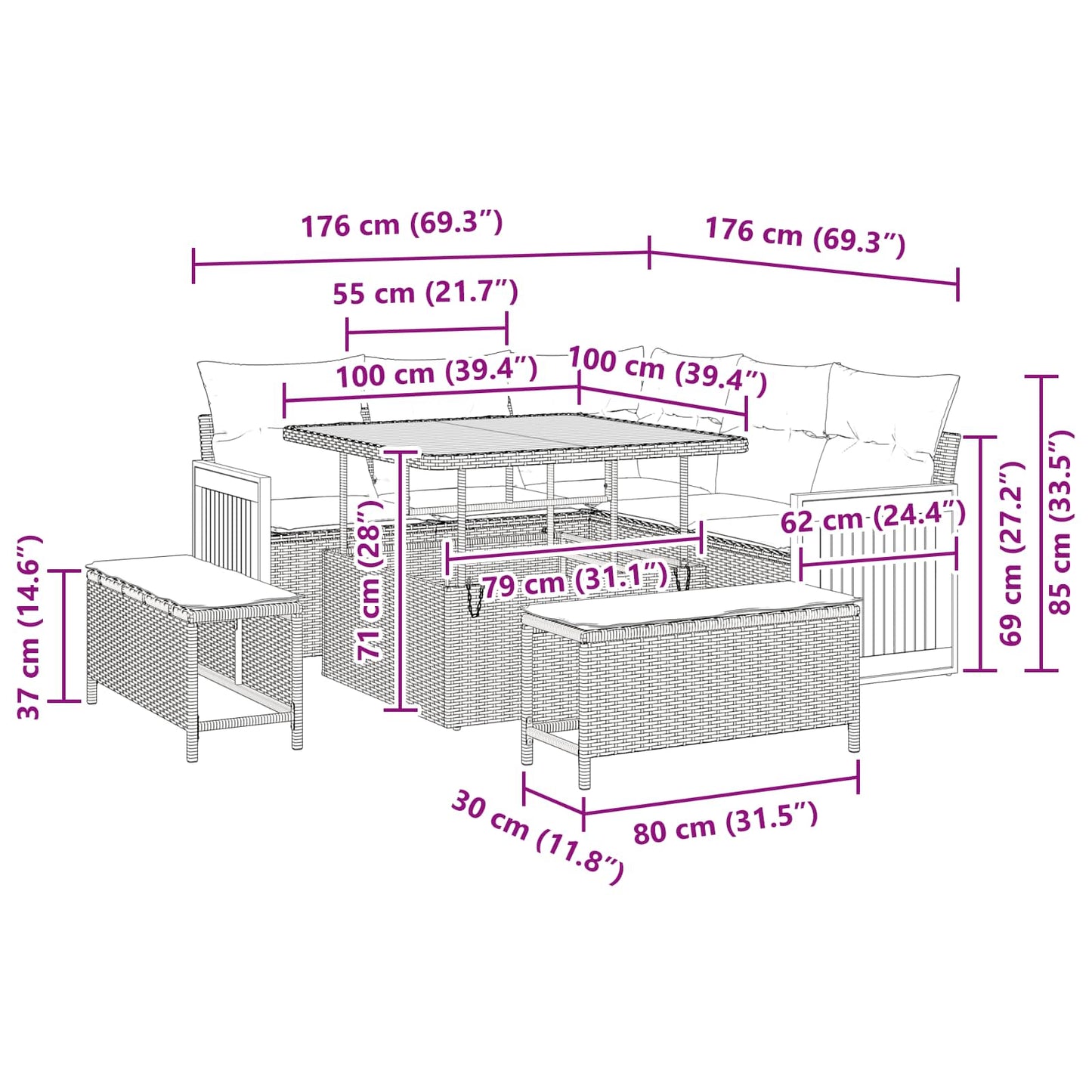 Tuinbankenset Met Kussen 9 Pcs Poly Rattan