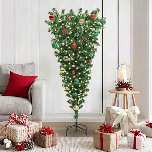 Ondersteboven kunst kerstboom met ballenset Groen 150 cm PVC
