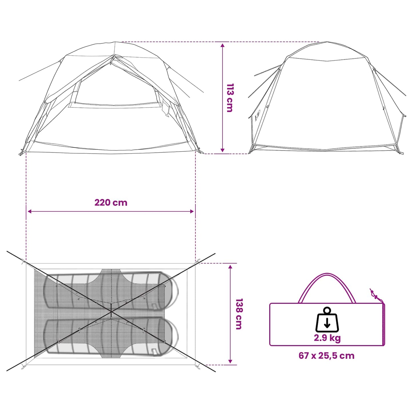 Backpacking Tent 2-Persoons 185T Polyester Met Pu Coating
