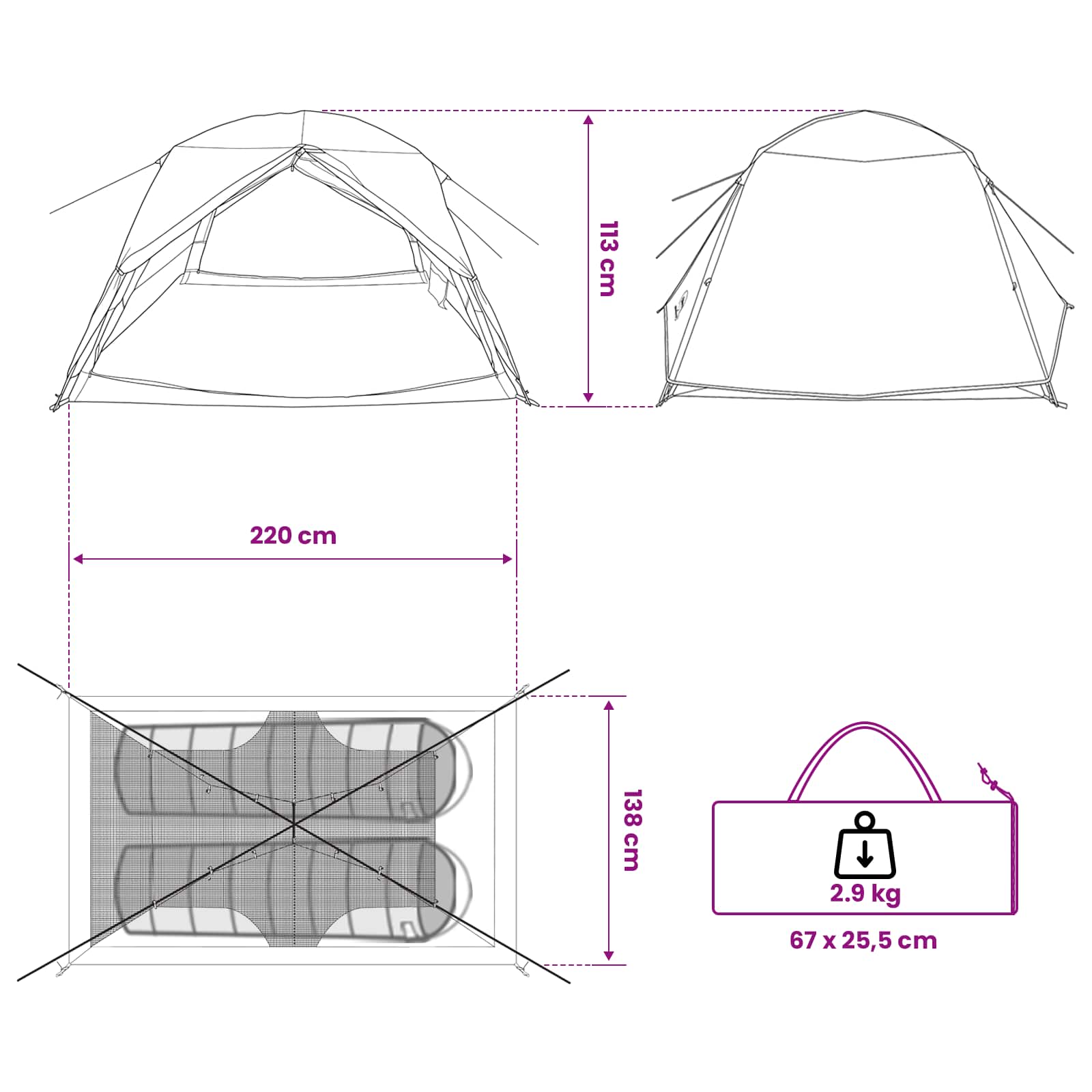 Backpacking Tent 2-Persoons 185T Polyester Met Pu Coating