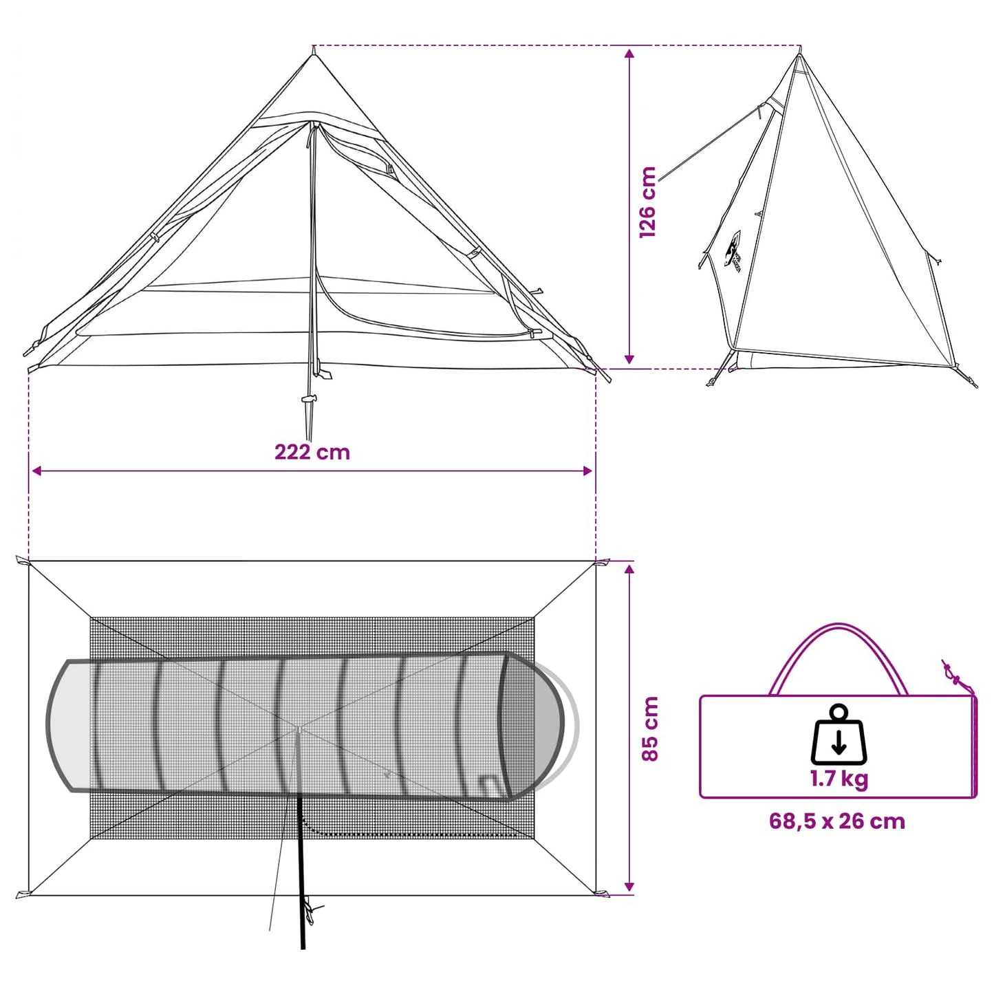 Backpacking Tent 222 X 85 X 125 Cm