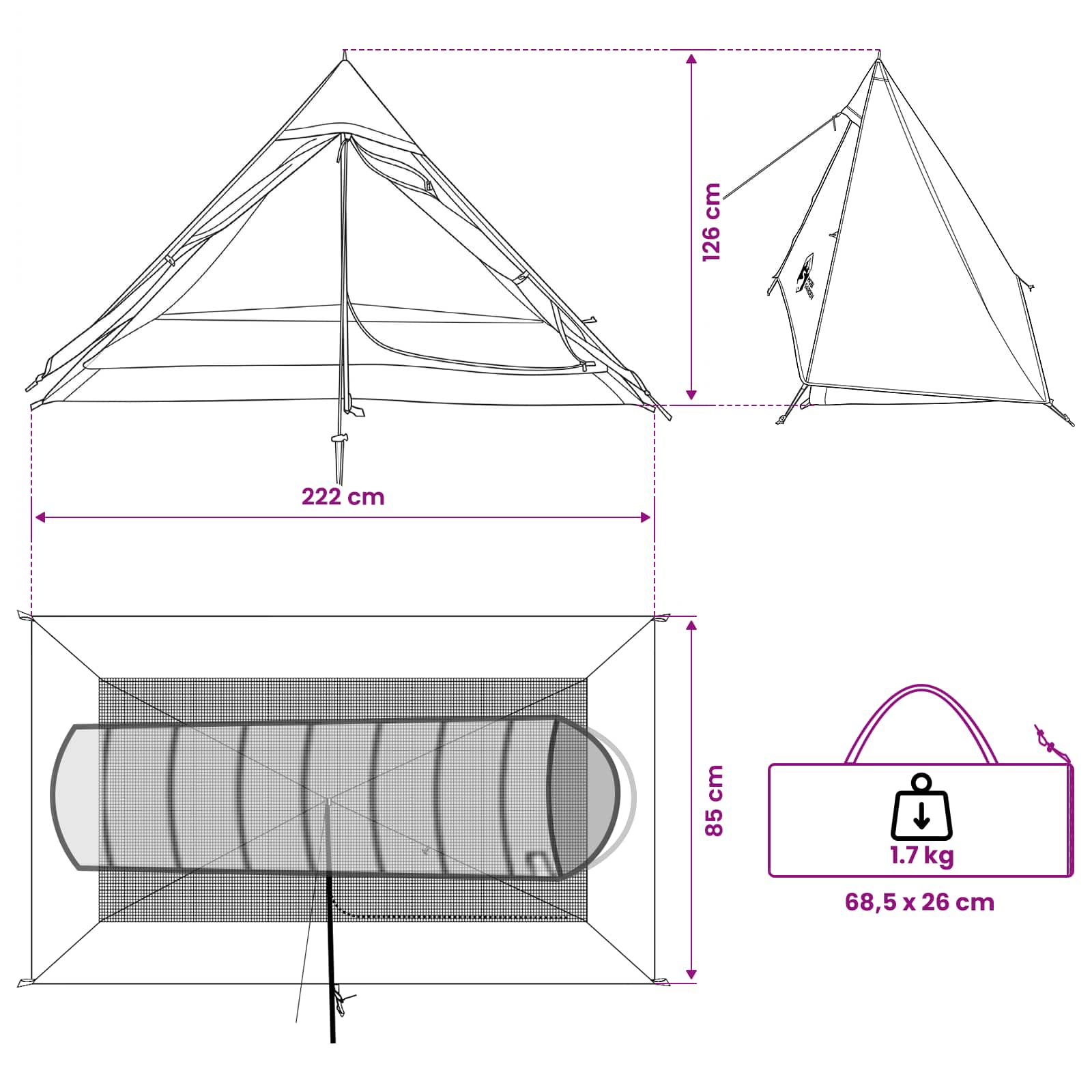 Backpacking Tent 222 X 85 X 125 Cm