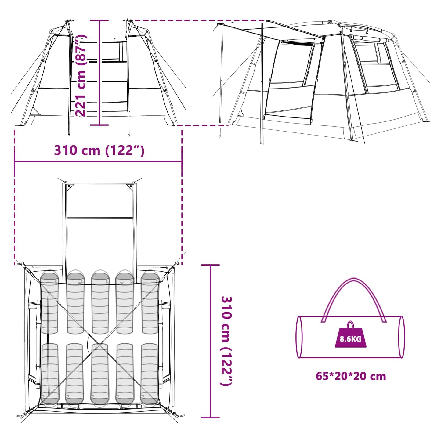 Partytent 10-Persoons 185T Polyester Met Pu Coating