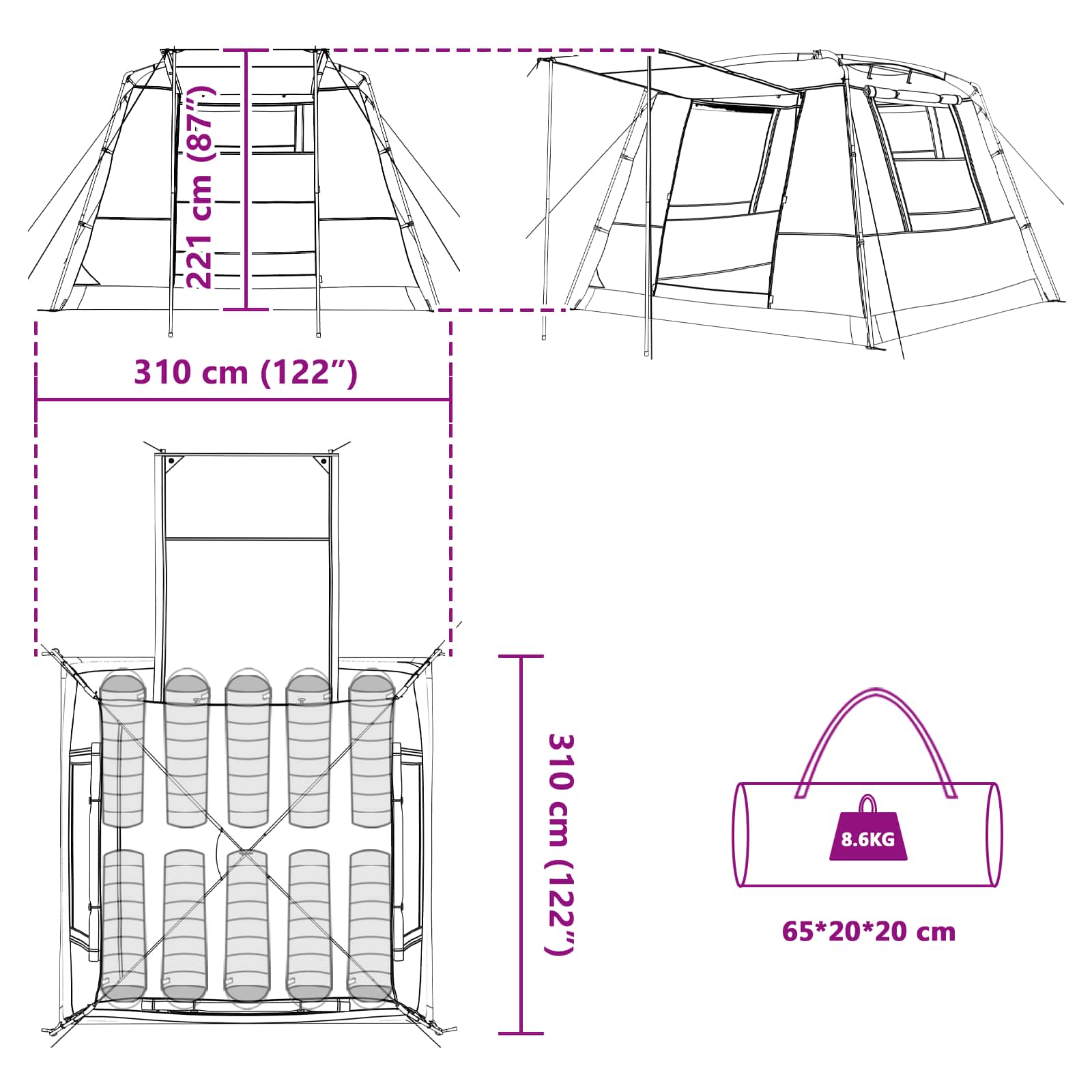 Partytent 10-Persoons 185T Polyester Met Pu Coating
