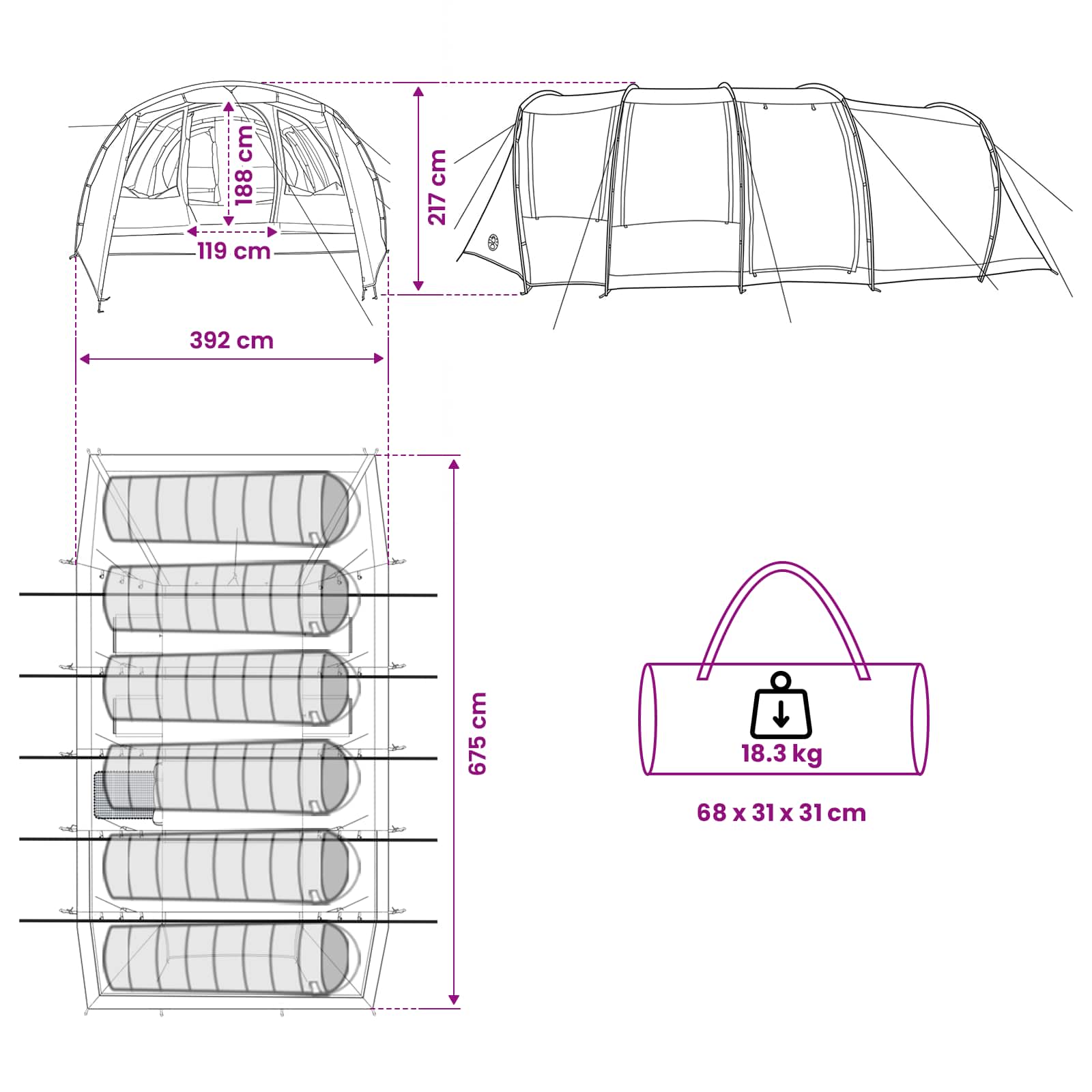 Tunneltent 675 X 392 X 210 Cm