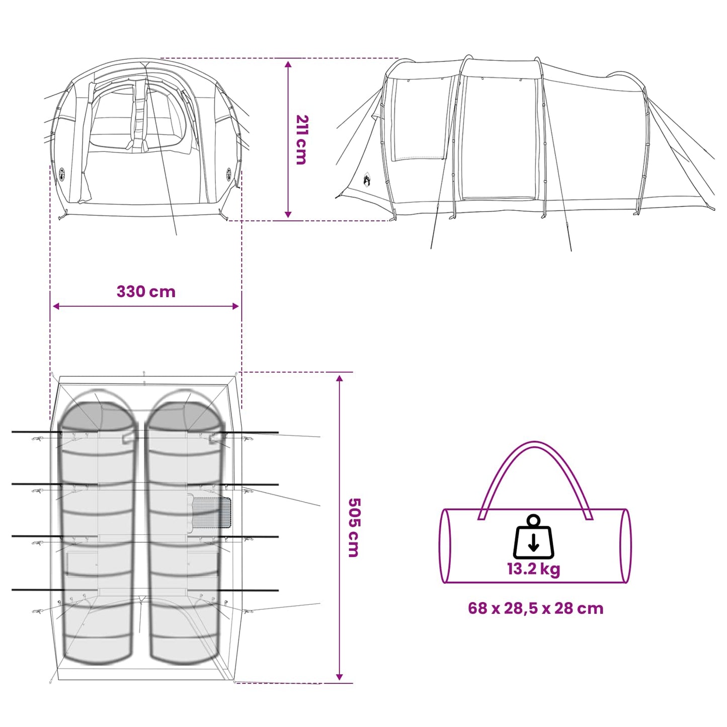 Tunneltent 505 X 330 X 204 Cm