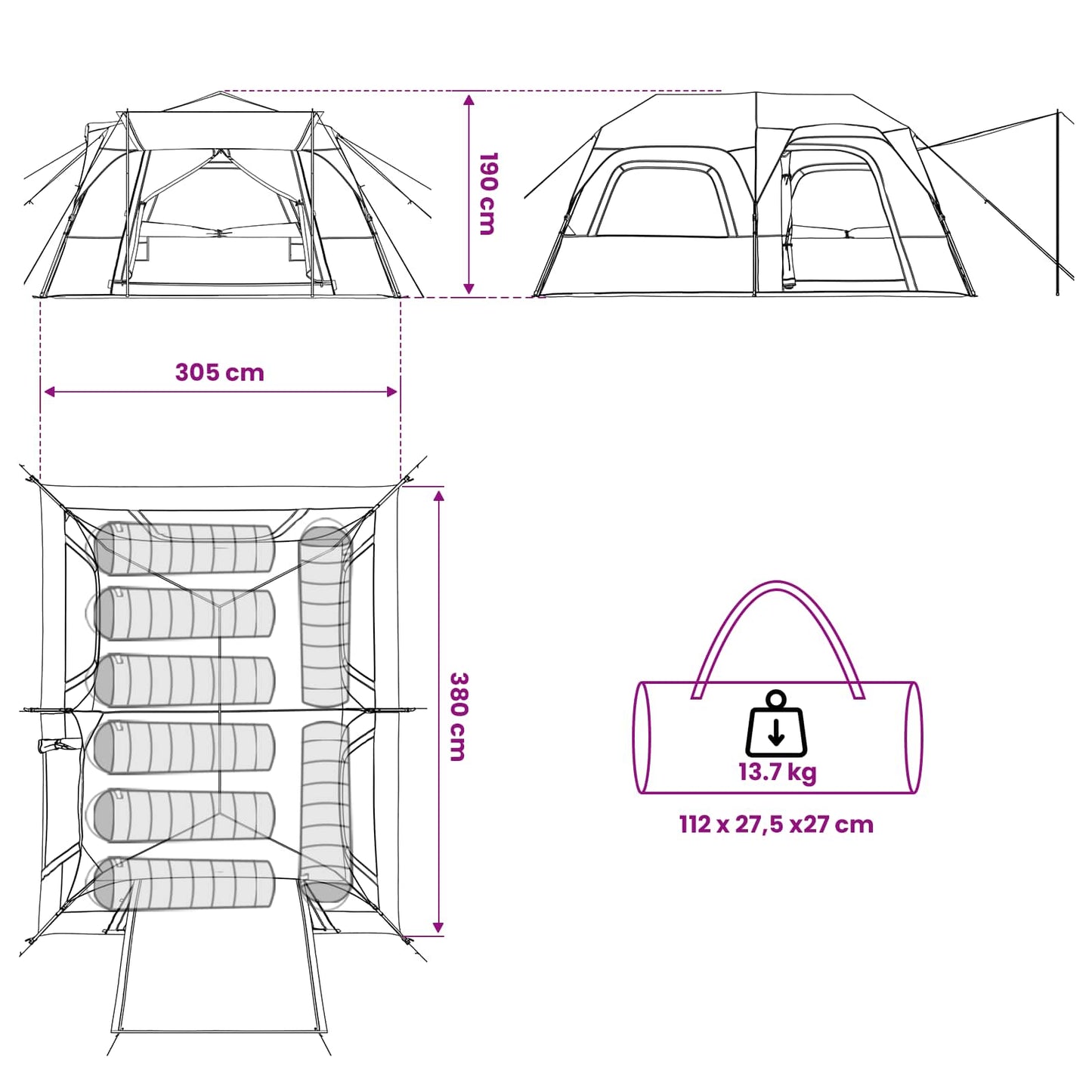 Directe Tent 8-Persoons 185T Polyester Met Pu Coating