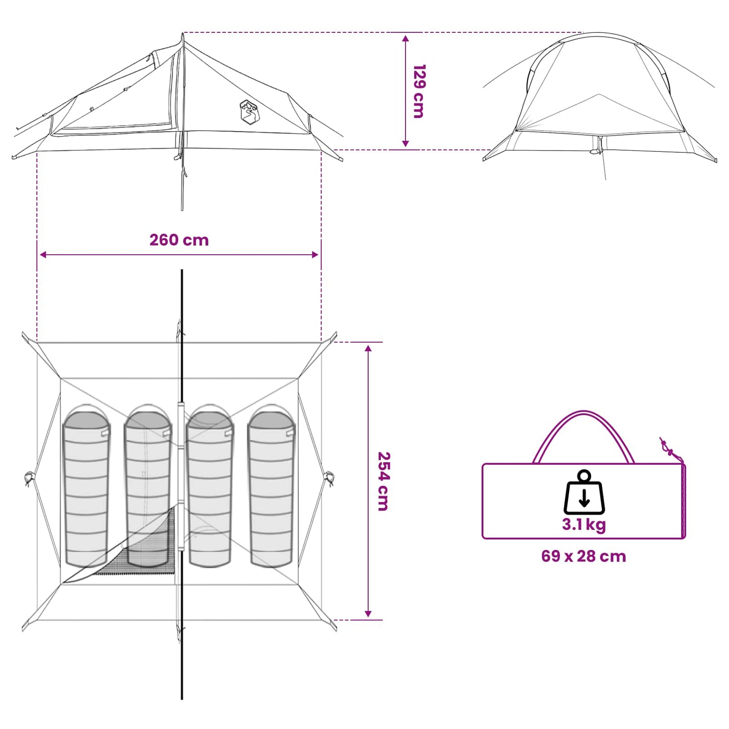 Backpacking Tent 4-Persoons 185T Polyester Met Pu Coating