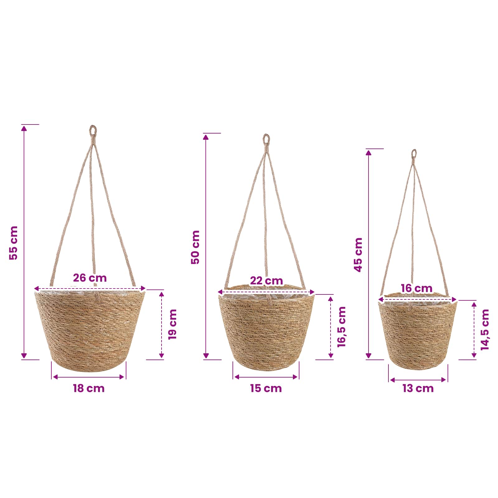 Zeegras Plantenmanden 3 Pcs Naturel Ø26 X 19 Cm 100% Zeegras