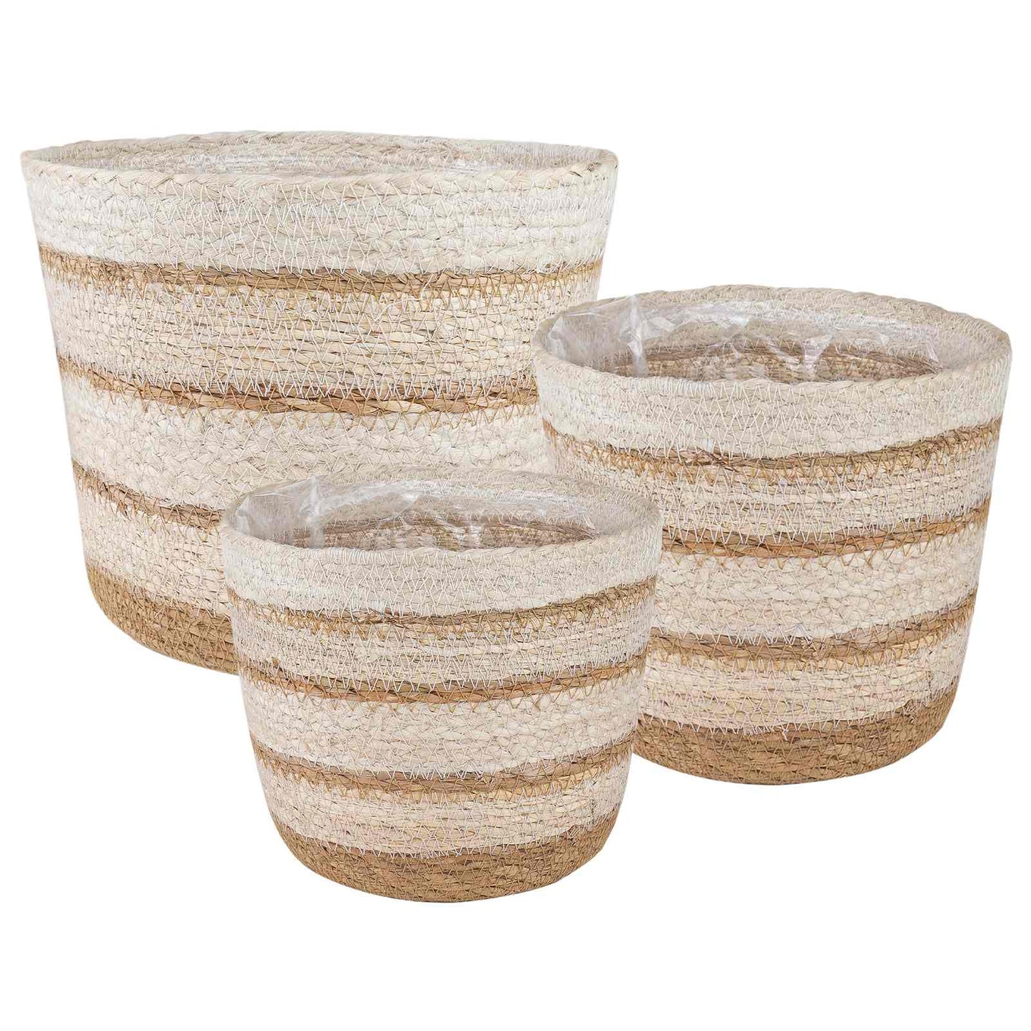 Zeegras Plantenmanden 3 Pcs Natuurlijk, Wit En Beige