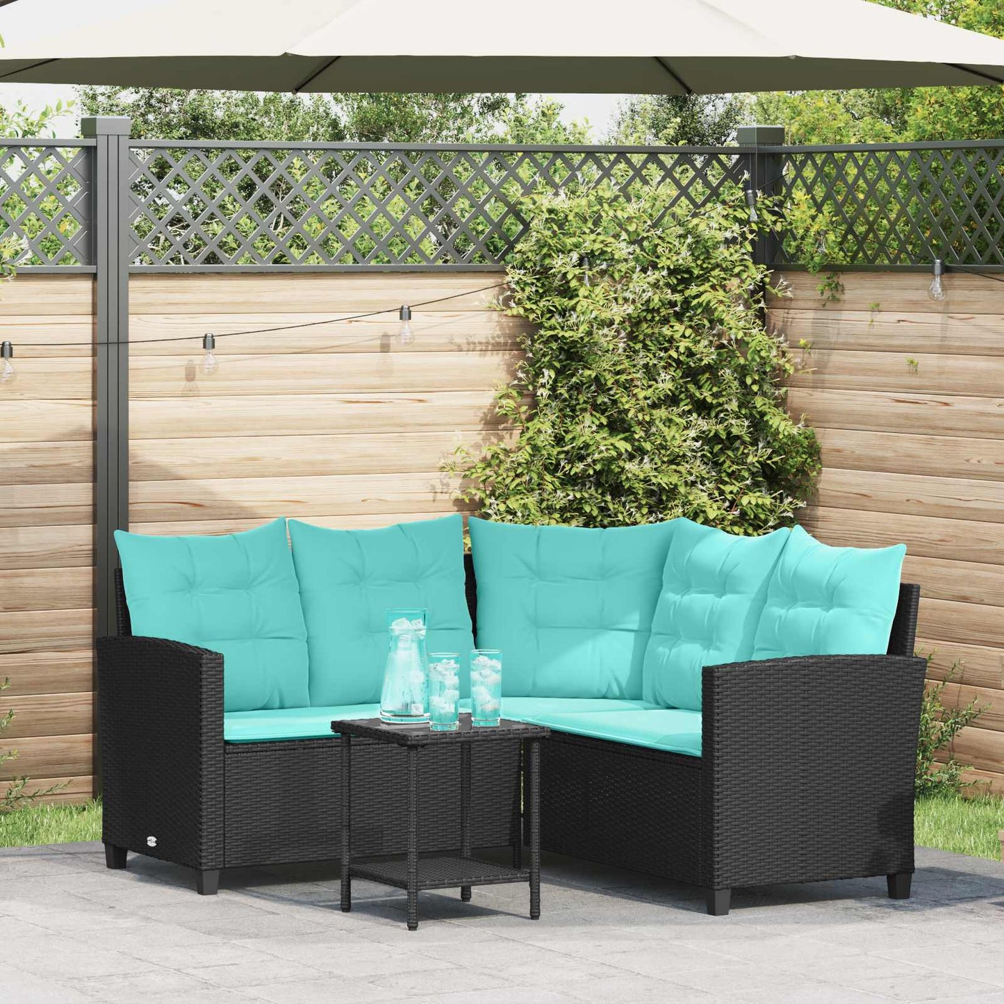 Tuinbank Met Tafel En Kussens L-Vormig Poly Rattan