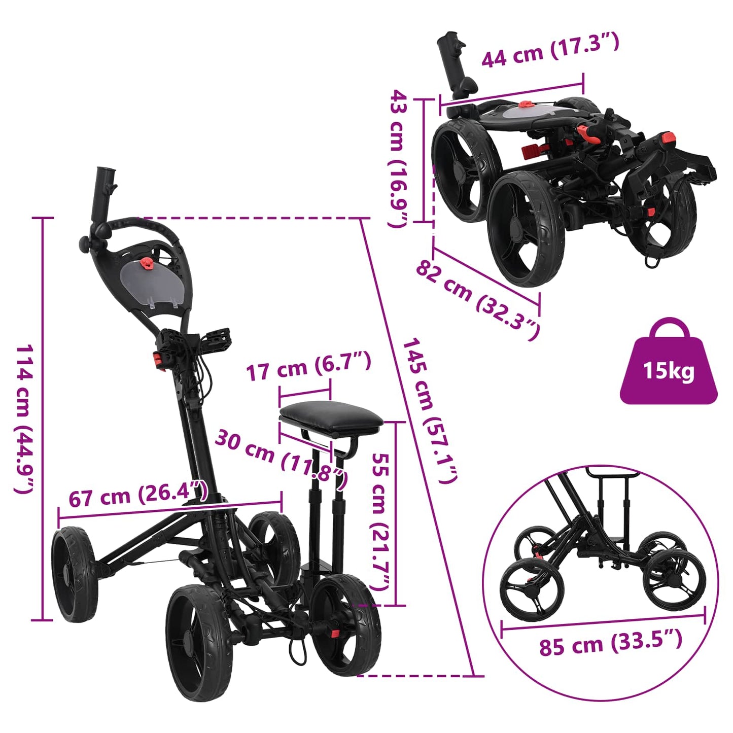 Golf Trolley Met Zitplaats Zwart Aluminium Opvouwbaar