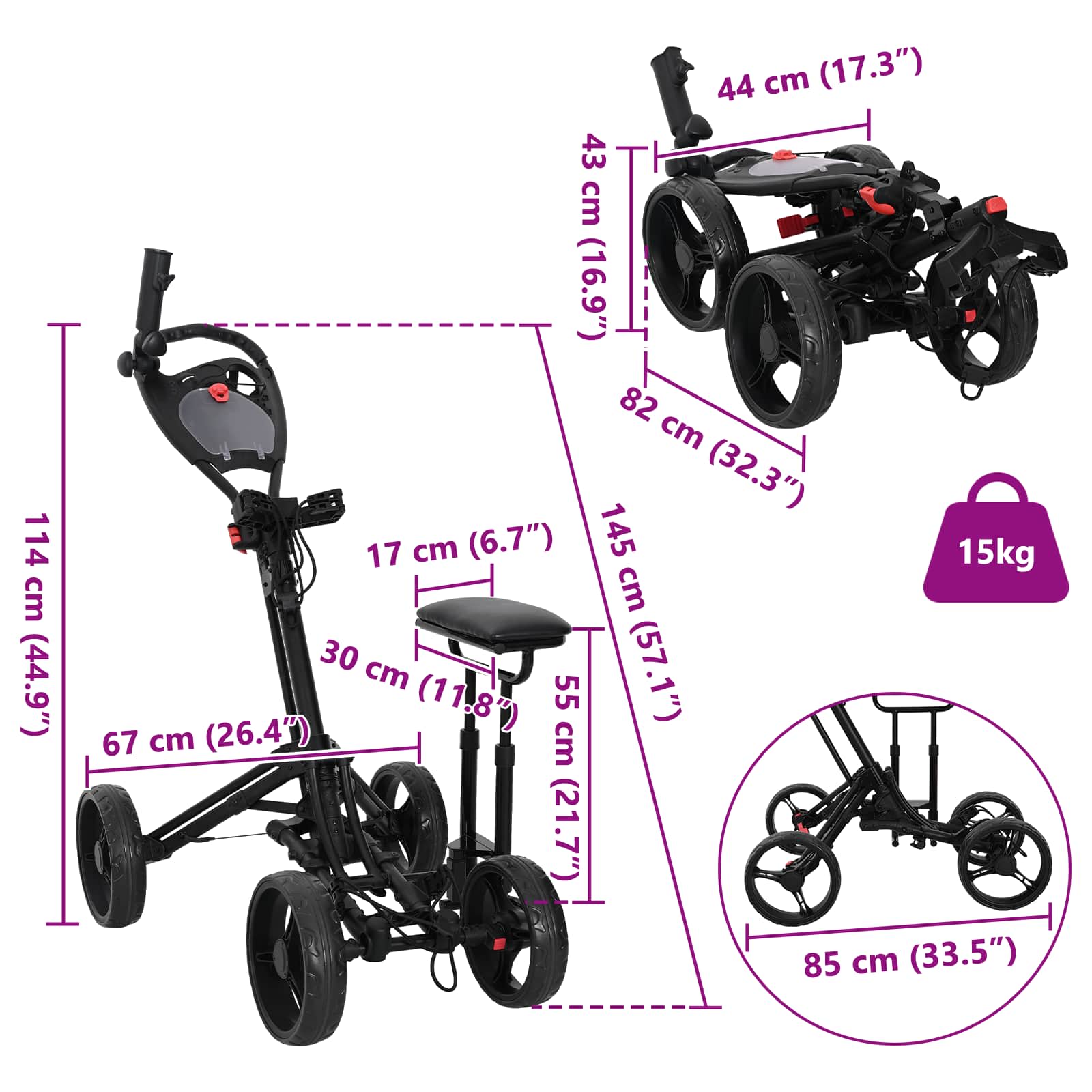 Golf Trolley Met Zitplaats Zwart Aluminium Opvouwbaar