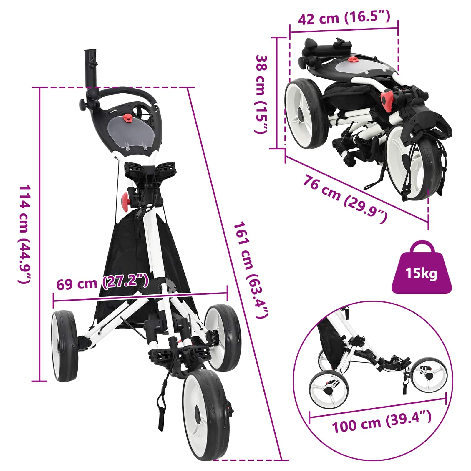 Golf Trolley Zwart En Wit 100 X 69 X 114 Cm Aluminium