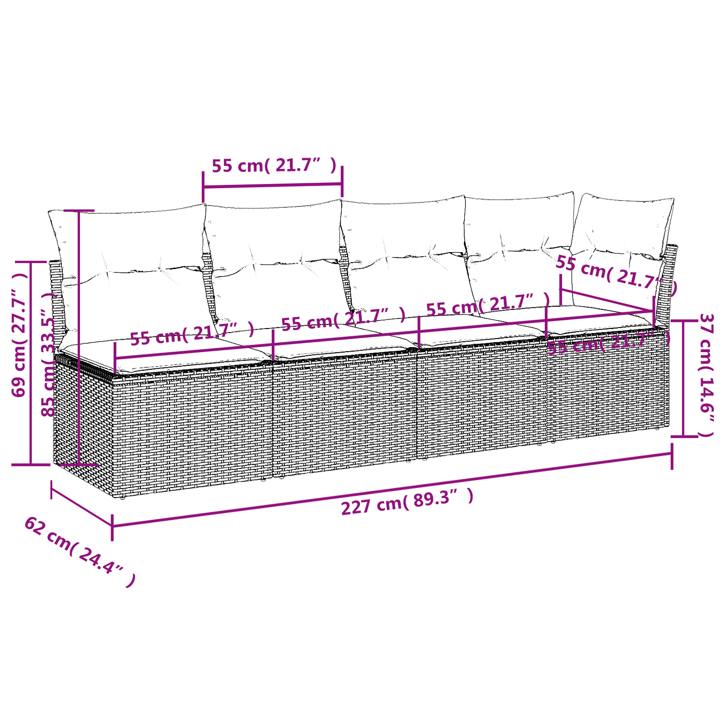 Tuinbank 4-Zits Met Kussens Poly Rattan
