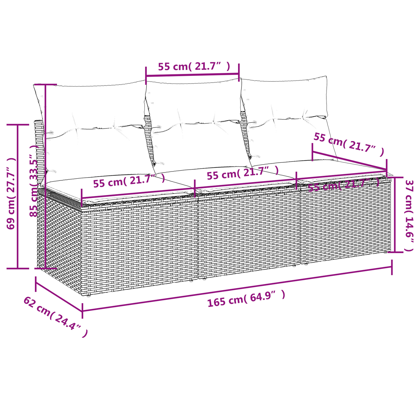 Tuinbank 3-Zits Met Kussens Poly Rattan
