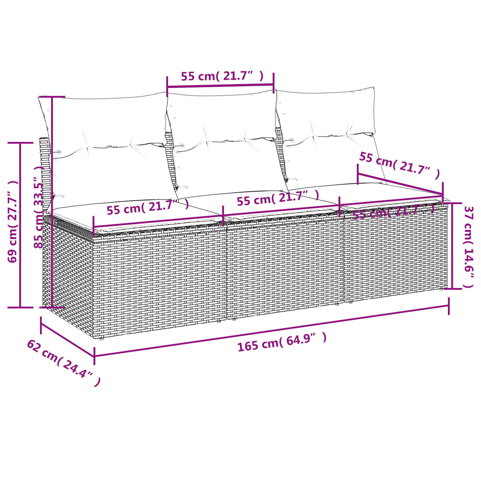 Tuinbank 3-Zits Met Kussens Poly Rattan