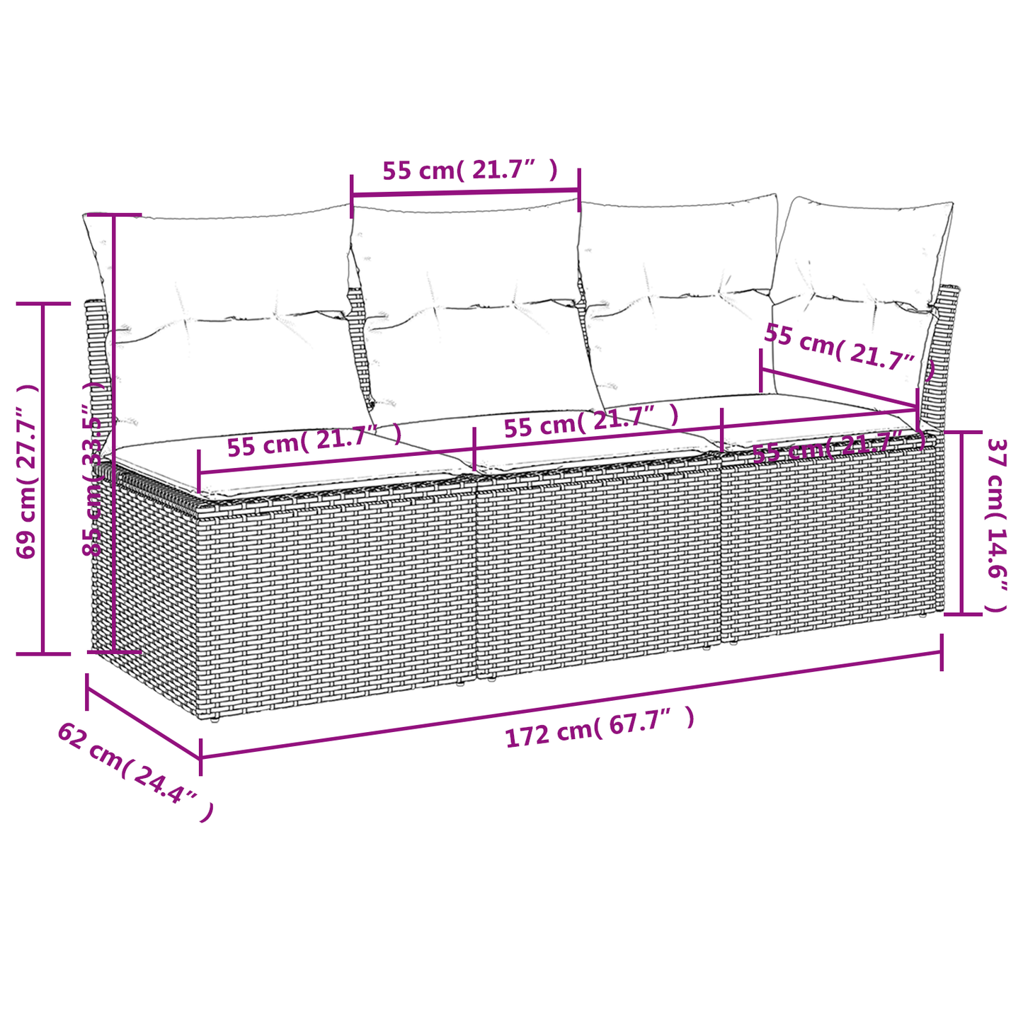 Tuinbank Met Kussens 3-Zits Poly Rattan