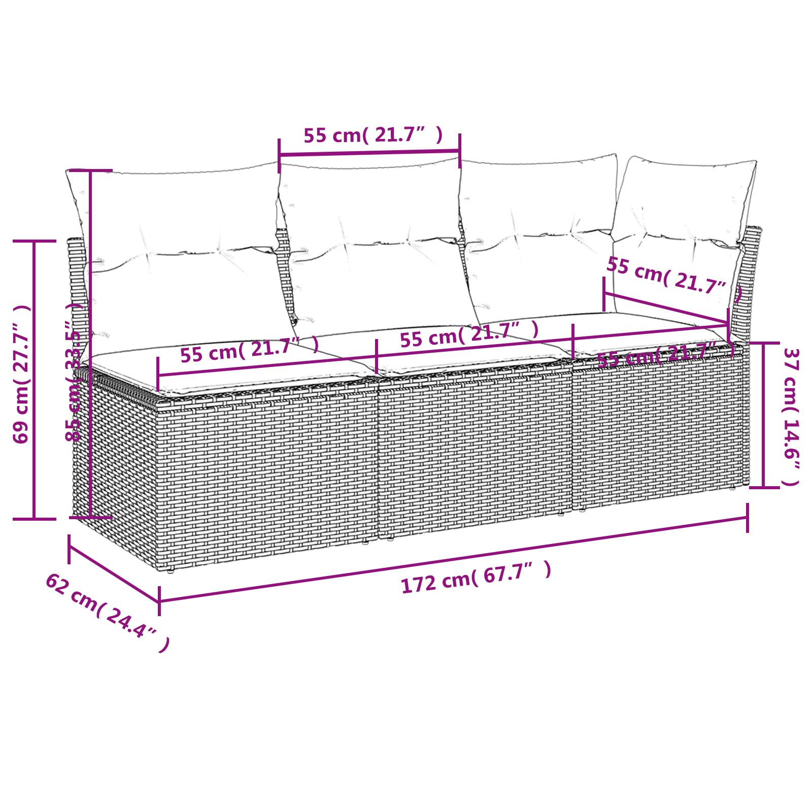 Tuinbank Met Kussens 3-Zits Poly Rattan